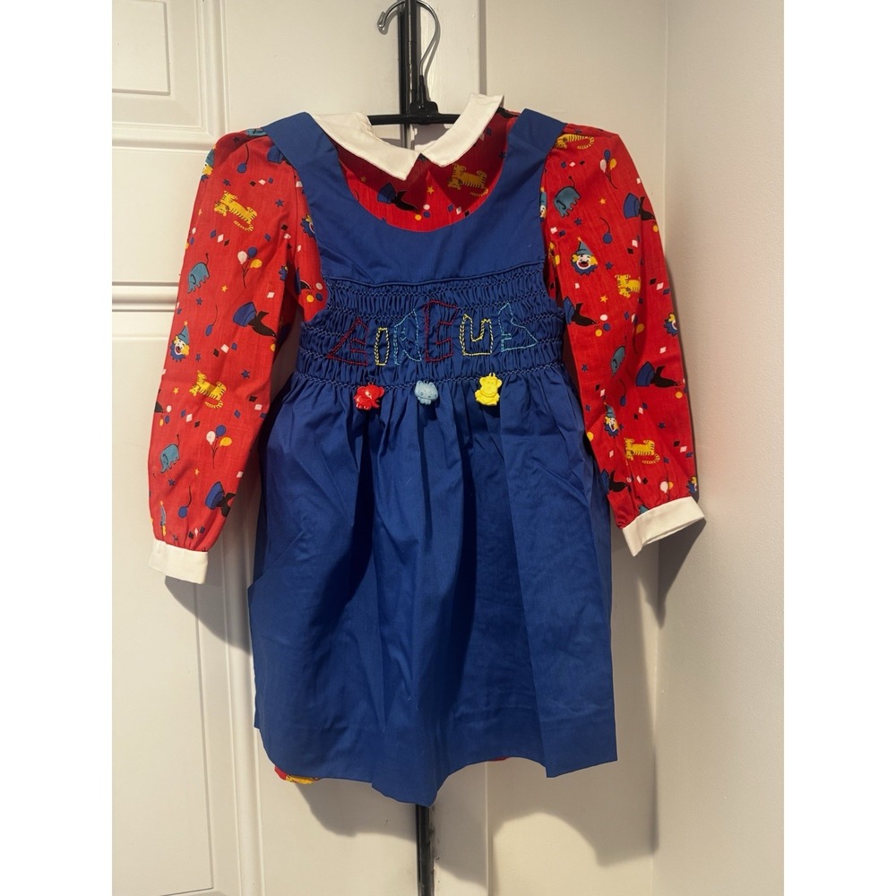 Vintage Polly Flinders Girls Smocked Embroidered Circus Dress Sz 6 Animals Clown